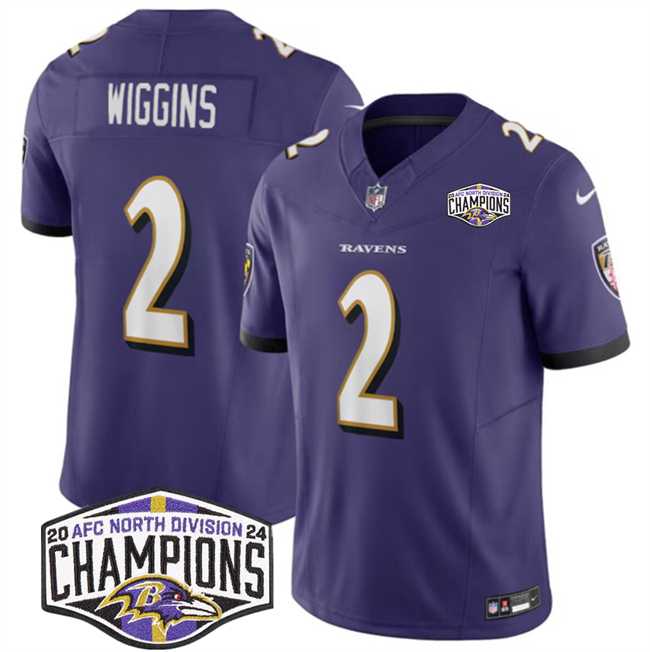 Mens Baltimore Ravens #2 Nate Wiggins Purple F.U.S.E 2024 AFC North Division Champions Vapor Limited Jersey->baltimore ravens->NFL Jersey